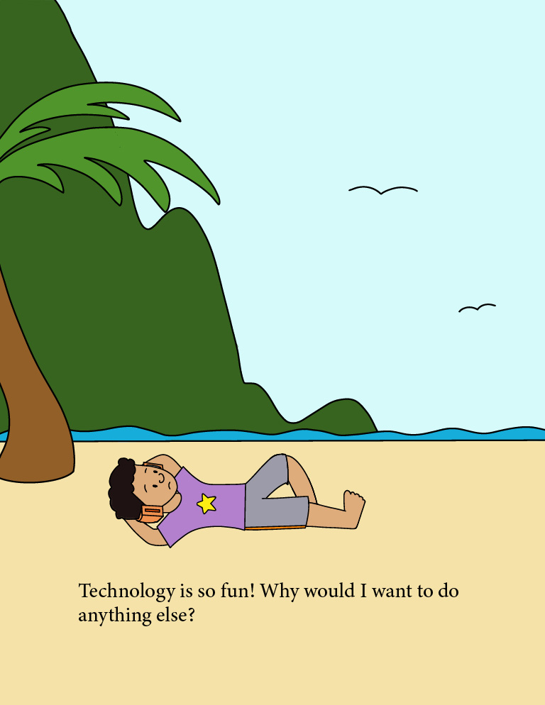 Image of Fetu lying on his back on the sand, on the beach. His arms behind his head as he looks up at the sky.
              There's a tree behind him and you can see the mountains in the back, as well as the birds silhouette flying in the sky. 
              Text on the image: Technology is so fun! Why would I want to do anything else?