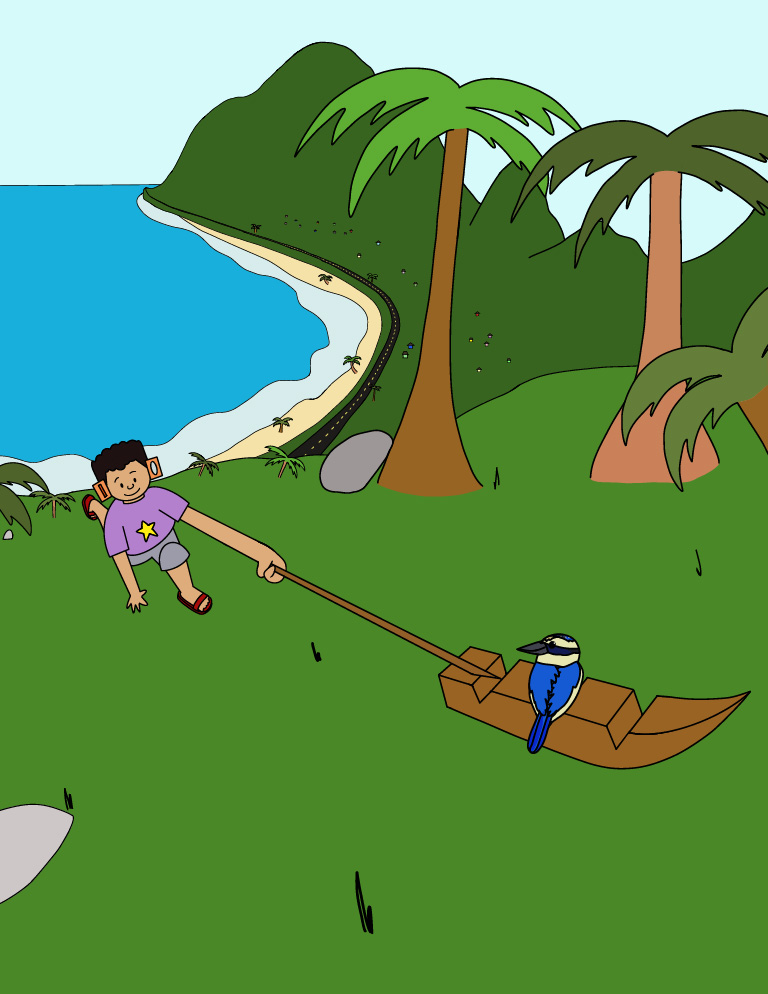Fetu, the main character, going up the mountain, pushing his wooden toy boat up with a stick. Behind Fetu, in the distance, 
              you can see the blue ocean, the road, trees and houses from the ground up into the mountains. In front of him, on his toy
              boat, a small blue bird is sitting on it - enjoying the ride. 