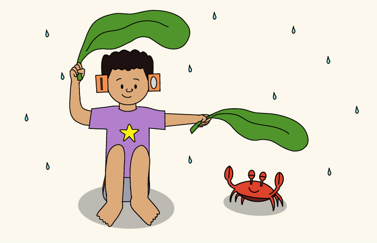 Fetu is in the middle of a group of kids, in the front. He's wearing a purple shirt that has a yellow star in the middle of it, gray shorts 
            with orange stripes on the sides, and an orange gadget on his head that covers his ears. He has curly dark brown hair and medium skin tone. His eyes 
            are closed with a big smile on his face as he holds his boat and stick in his hands. Behind him is a taller girl, medium 
            brown skin tone, she's wearing a pink sleevless t-shirt and blue-gray shorts. Her brown thick curly hair is in a loose bun, and there's a yellow 
            flower pin on one side. Her eyes are squeezed tight, he mouth in a wide smile, and a fist in the air. On her right is a shorter boy, fair skin tone,
            with light brown spiky hair. He's wearing a gray sleeveless t-shirt and black shorts. His eyes are closed with one hand in the air. In front of him,
            are two younger girls. One has a medium skin tone, short red-brown hair with bangs, and she's wearing a blue t-shirt with light blue leggings. Her 
            hands are in fists, eyes squeezed tight, and she has a wide open smile on her face. The other girl has a dark brown skin tone and long hair in high 
            pigtail braids, with bright blue rubberbands. She's wearing a yellow shirt with a purple skirt. She's clapping her hands together. On the left of 
            Fetu is a boy wearing a red tshirt and gray shorts. He has brown hair and a fair-to-medium skin tone. One hand is in the air while the other is on 
            Fetu's shoulders, and his eyes are squeezed tight with an open smile. He's in a motorized wheelchair. All the kids are barefoot except for Fetu. 
            Fetu is wearing red sandals, also known as slides.